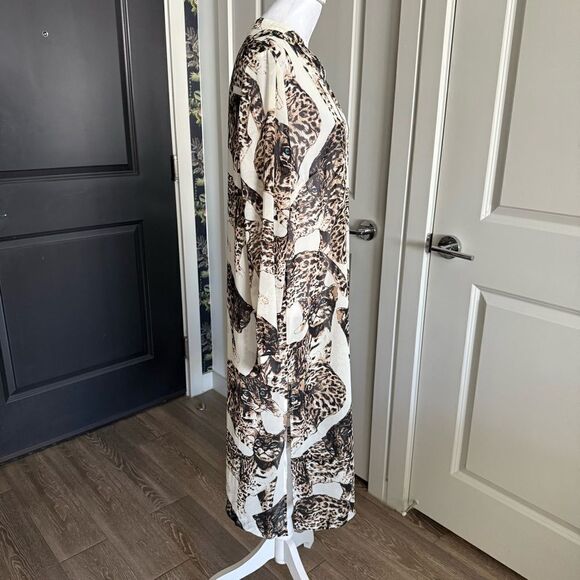 H&M Cream Leopard Cat Print Long Sleeve Midi Shirt Dress Size 8 - Picture 2 of 7